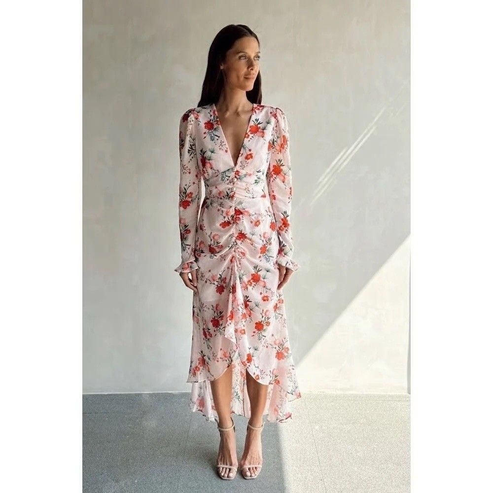 Sau Lee Ciara Pink Floral Ruffle Midi Dress Size 14 Wedding Guest Romantic NWT
